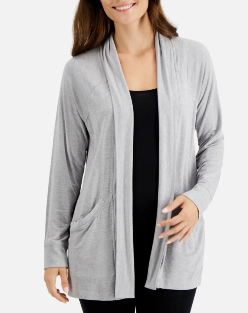 ALFANI WOMENS SMALL CASUAL LOUNGE SHRUG CARDIGAN WRAP POCKETS HEATHER GRAY NEW